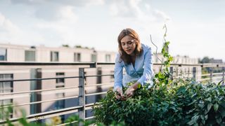 Sustainable gardening: image of woman gardening on balcony