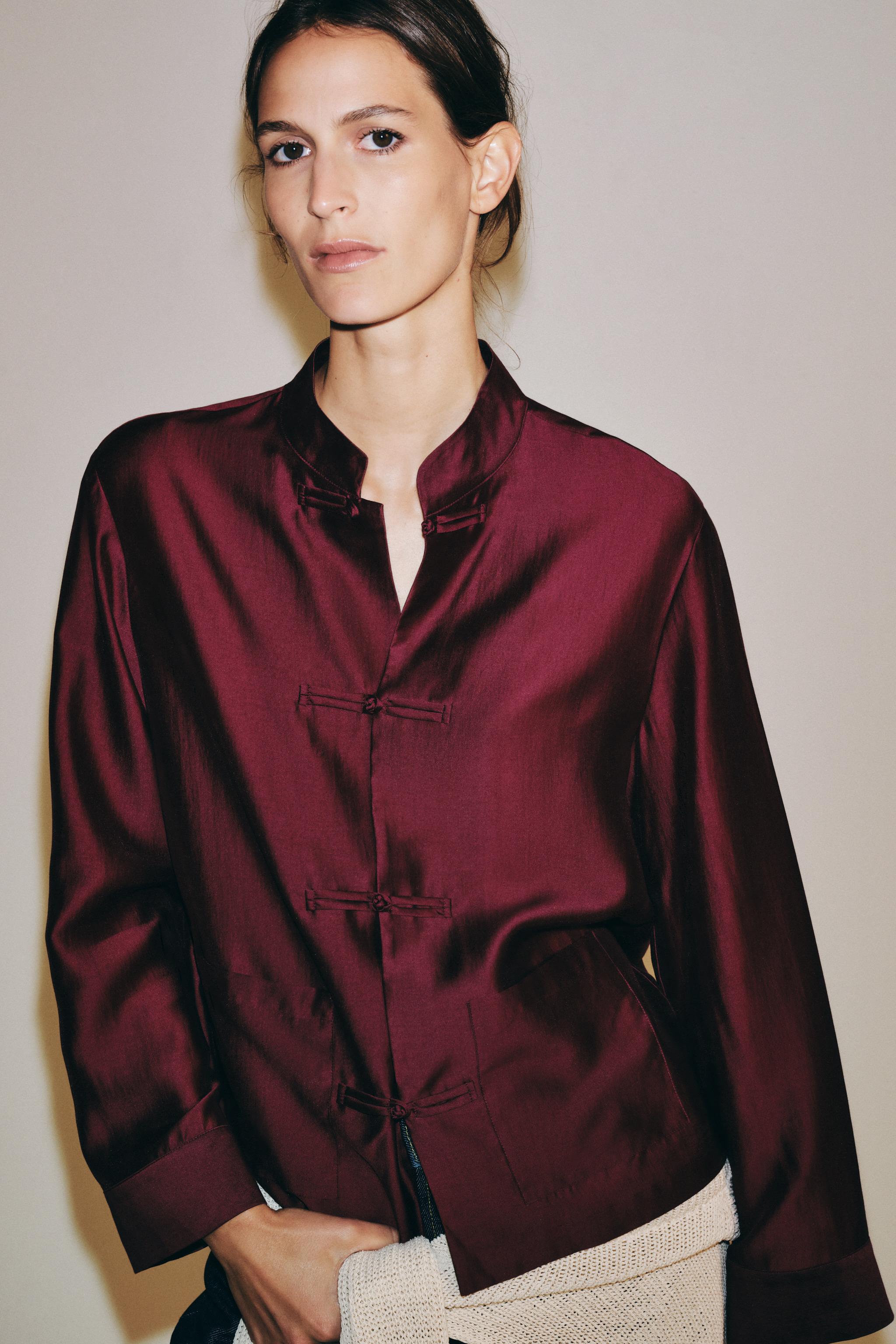Zw Collection Frog Fastening Shirt - Burgundy - Xs