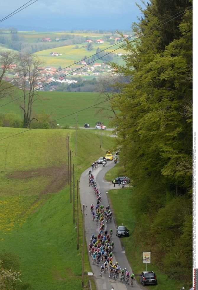 The peloton in green Swiss countryside