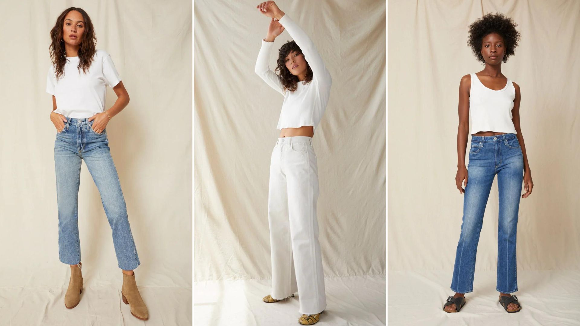 A composite of models wear jeans made in the usa - amo denim