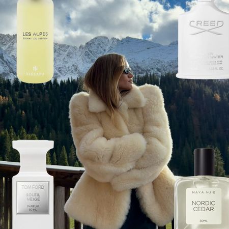 @rosiehw against a backdrop of the mountains with mountain-inspired perfumes collaged on top