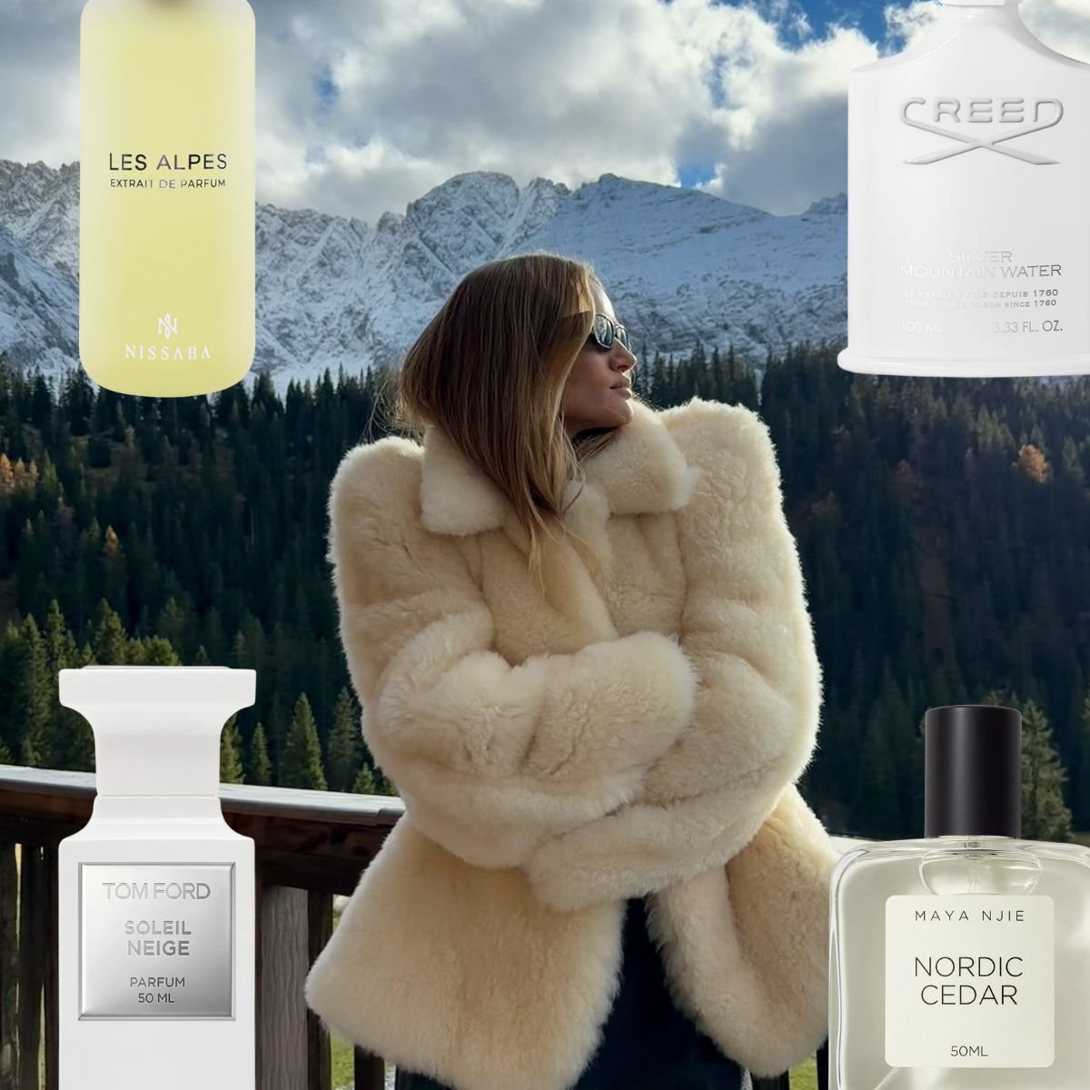 @rosiehw against a backdrop of the mountains with mountain-inspired perfumes collaged on top