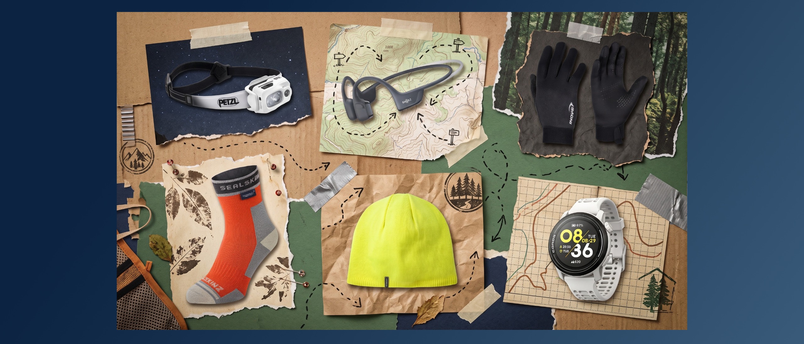 Selection of winter running gear with a scrapbook style background