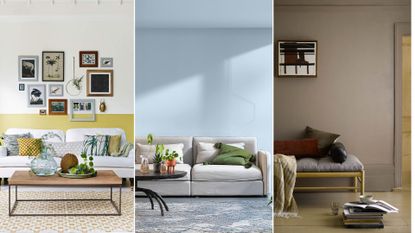 three living rooms displaying examples of how to make a room look bigger with paint with two-tone walls, painted ceilings and painted woodwork