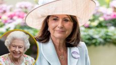 A roundel of Queen Elizabeth in 2021 and a picture of Carole Middleton at Ascot 2026