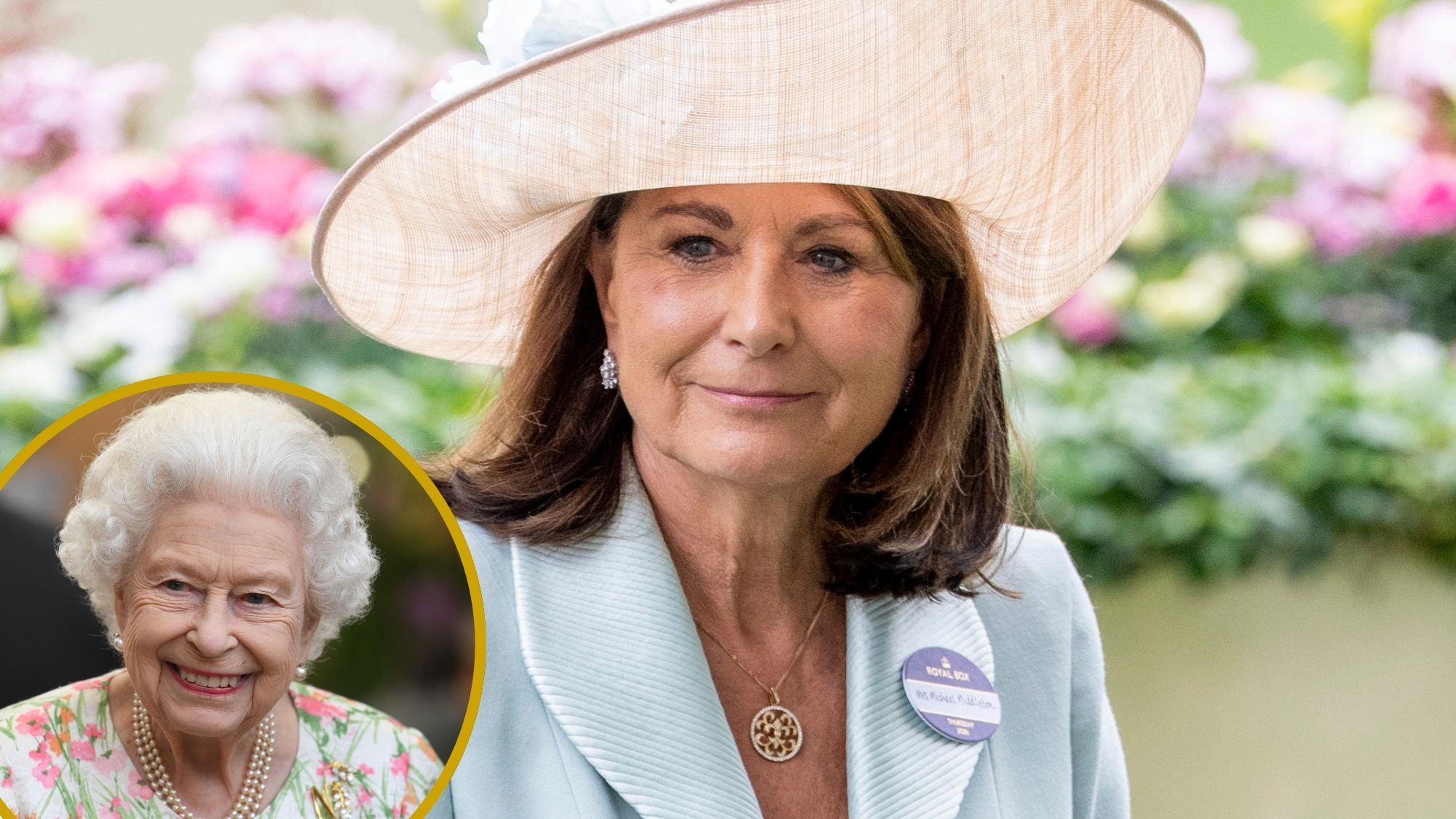 A roundel of Queen Elizabeth in 2021 and a picture of Carole Middleton at Ascot 2026