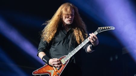 Dave Mustaine of Megadeth seen performing live on stage. Megadeth played London's O2 Arena as Special guests of the Band Disturbed on their 25th Anniversary tour Sick Things. Megadeth consists of Dave Mustaine (vocals, guitars), Teemu M&auml;ntysaari (guitars), James LoMenzo (bass), and Dirk Verbeuren (drums)
