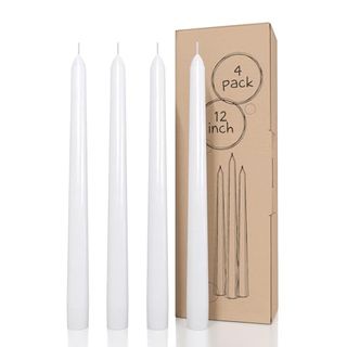 Candwax White Taper Candles 12 Inch Dripless - Set of 4 Tapered Candles Ideal as Dinner Candles - Smokeless and Unscented Taper Candles Long Burning - Hand Poured Tall Candlesticks