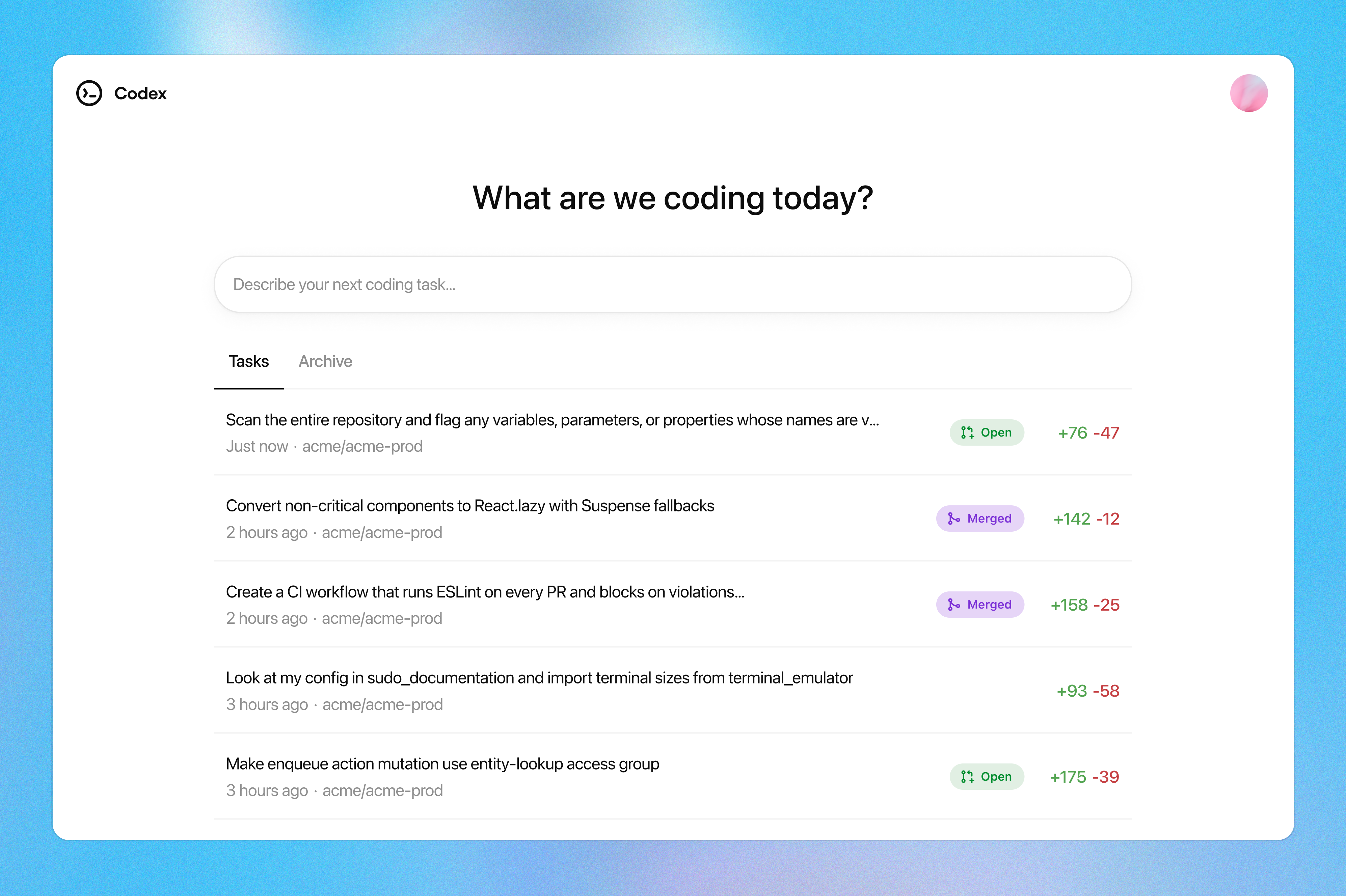 OpenAI's codex software engineering agent example image showing prompt screen and user options.