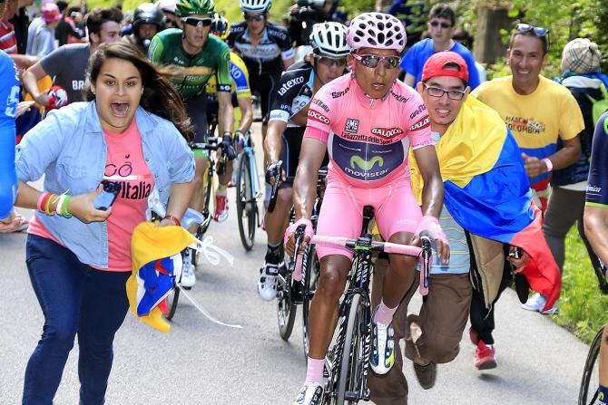 Nairo Quintana (Movistar) surrounded by Colombian tifosi on the climb to Monte Zoncolan