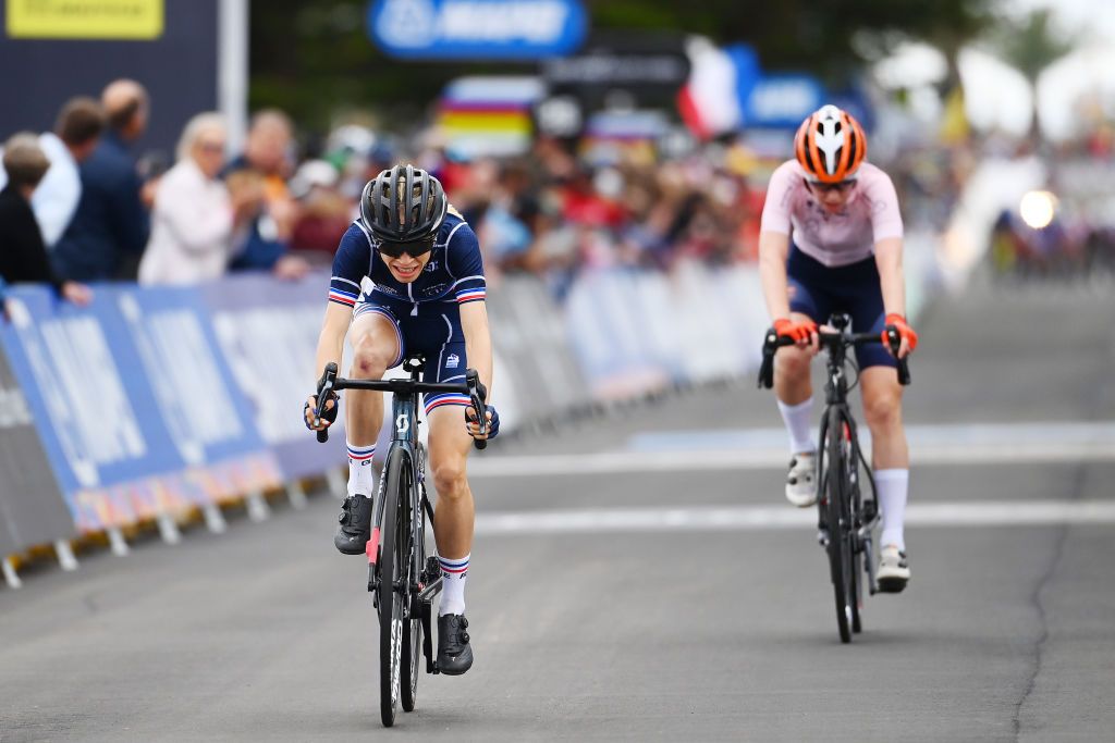 WOLLONGONG AUSTRALIA SEPTEMBER 24 LR Eglantine Rayer of France celebrates winning the second place ahead of Nienke Vinke of The Netherlands during the 95th UCI Road World Championships 2022 Women Junior Road Race a 672km one day race from Helensburgh to Wollongong Wollongong2022 on September 24 2022 in Wollongong Australia Photo by Tim de WaeleGetty Images