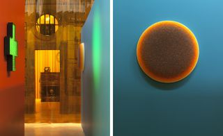 the bright green neon pharmacy (left) and wall piece ‘Ocelle’ (right)