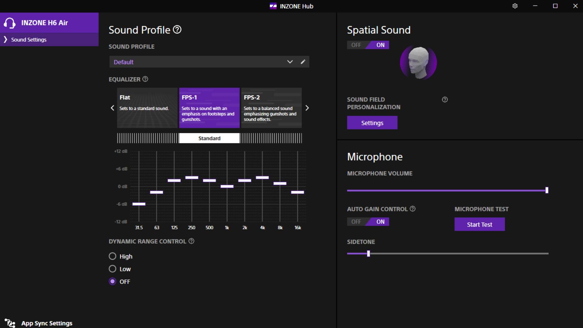 Screenshot of the Sony Inzone Hub software when connected to the Inzone H6 air headset.