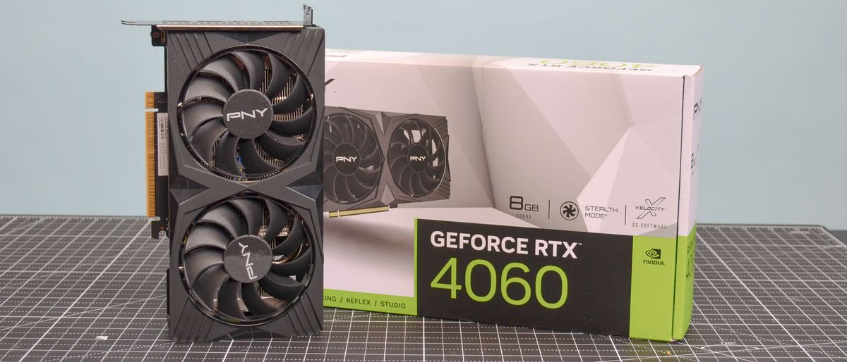 A PNY GeForce RTX 4060 Verto on a table with its retail box