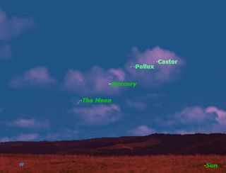 Castor, Pollux, Mercury and the Moon are visible together on June 21, 2012.