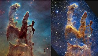 Side by side comparison of the pillars of creation images. The left image from Hubble shows vast billowing dust plumes with some stars piercing through in the background while the JWST image on the right shows a 'crisper' view showing higher contrast in the clouds of dust and many more stars shining through the dust and in the background.