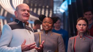 L-R: Robert Picardo as The Doctor, Kerrice Brooks as Sam and Bella Shepard as Genesis in season 1 , episode 1 of Star Trek: Starfleet Academy