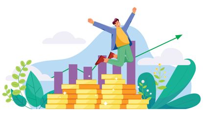 Illustration of man jumping over pile of coins after collecting profits from successful trade or investment.