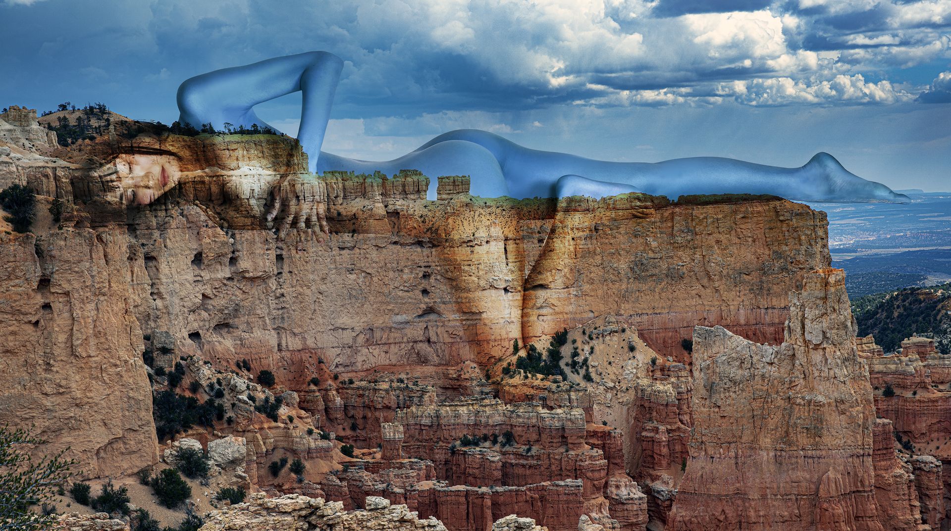 artwork of woman's body merging with desert landscape