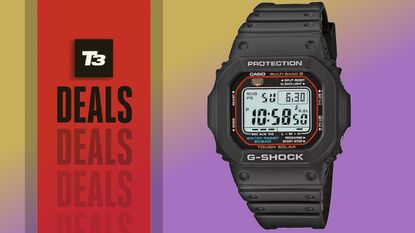 The Casio G-Shock GW-M5610U-1ER in black on a purple and yellow background