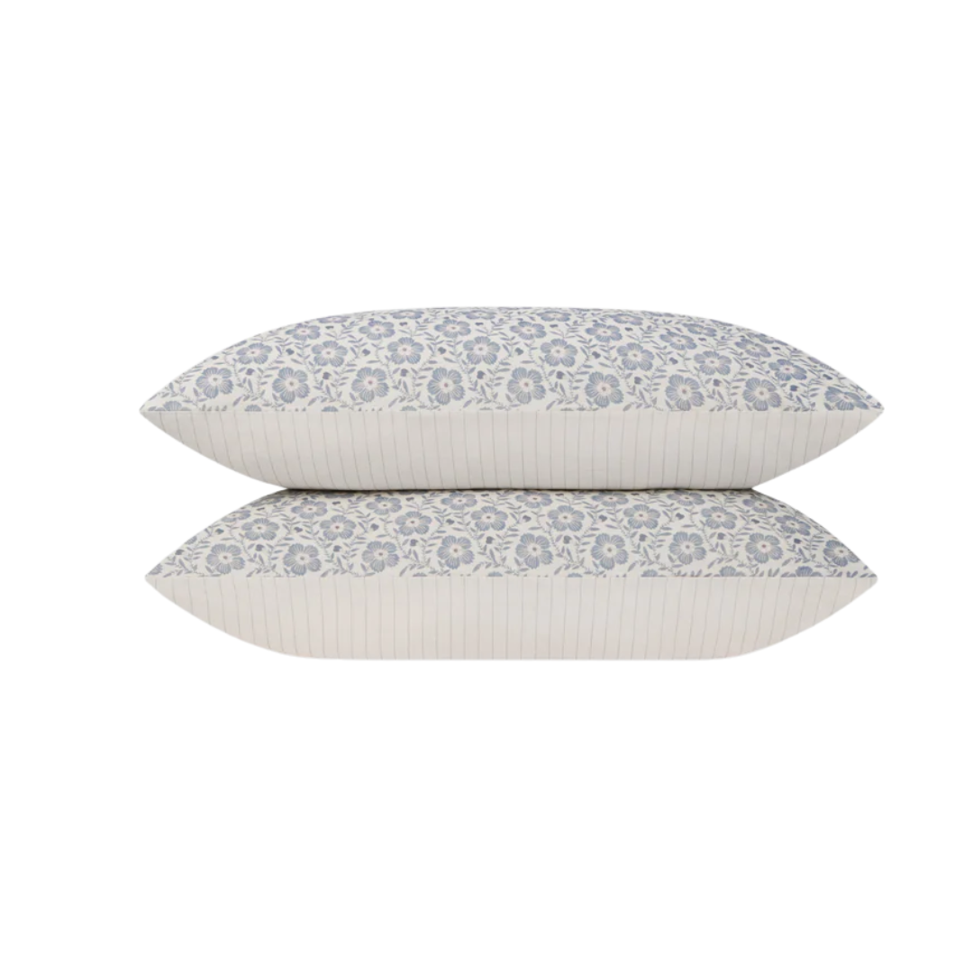 Dusk Blue Folk Floral Linen Blend Pillowcases (pair)