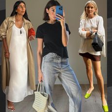 digital collage of three British fashion influencers including Monikh Dale, Marianne Smyth, and Lucy Williams wearing neutral outfits with colorful bags, shoes, and accessories