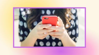 woman on phone, pink and yellow background