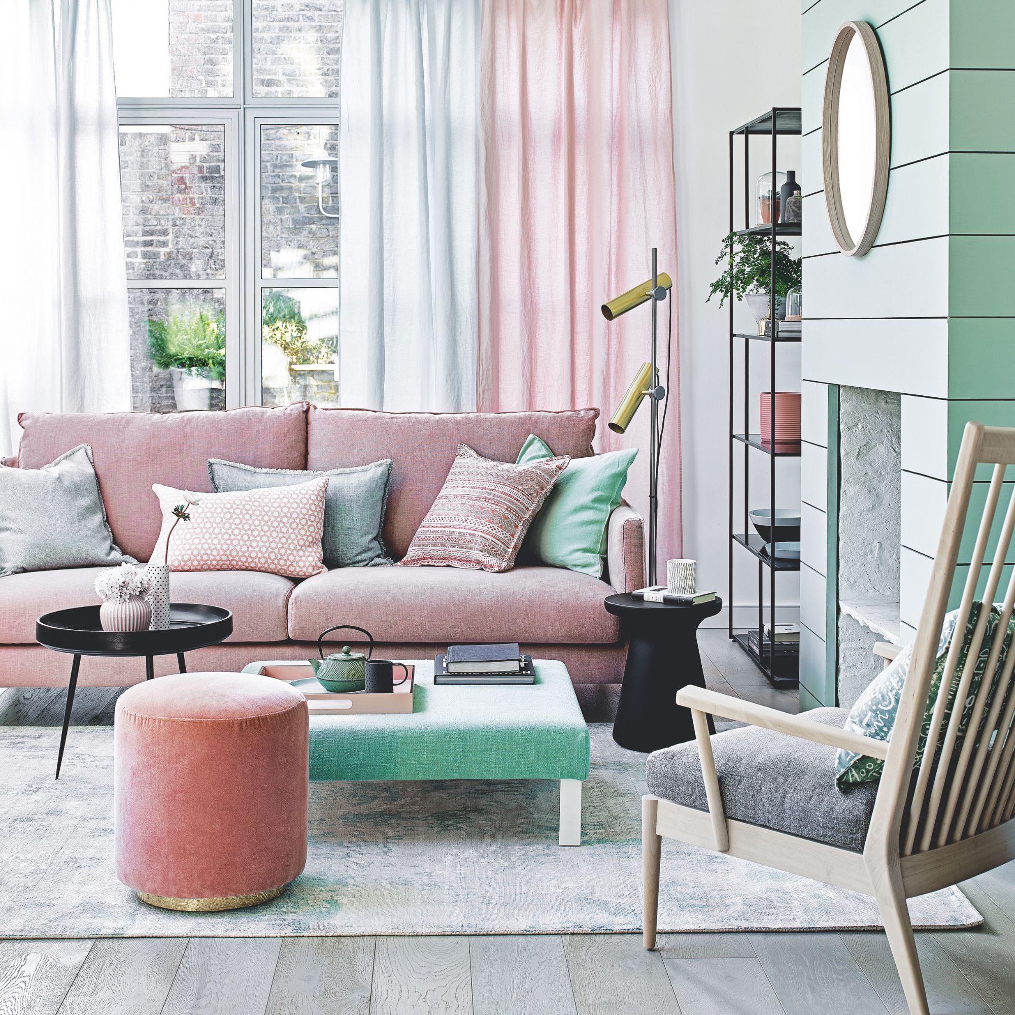 A fresh living space with pink and blue accents