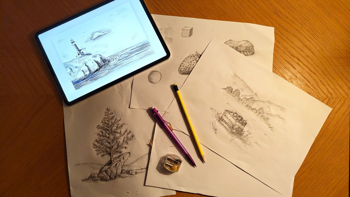 Simply Draw iPad app; pencils, paper, and an iPad