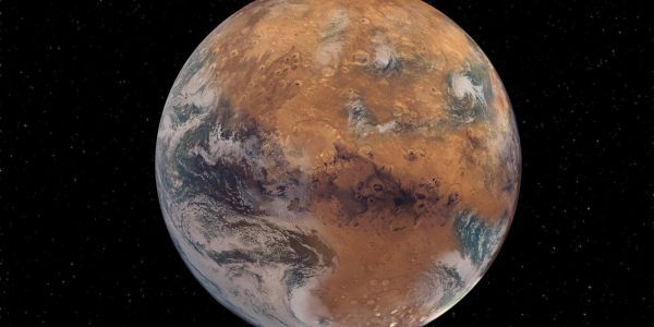 Artist&#039;s illustration of a Mars with Earth-like surface water. The Red Planet was a wet world in the ancient past.