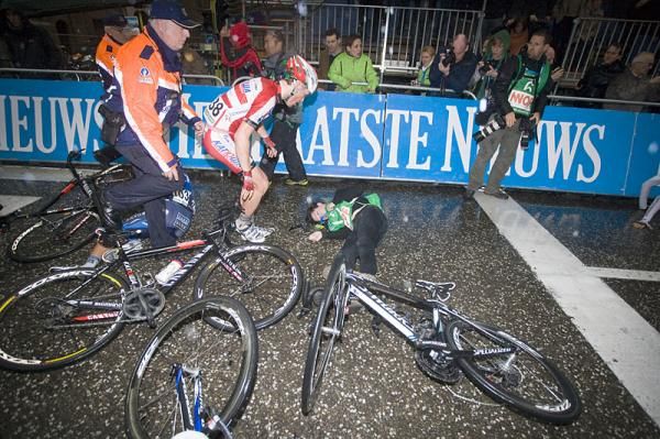 Riders try to get back up after the finish crash.