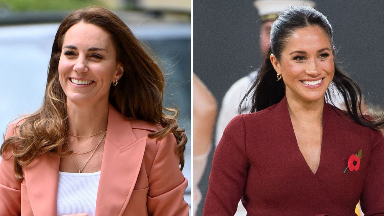 Kate Middleton and Meghan Markle&#039;s trainers are on sale. Seen here is Kate Middleton at the Natural History Museum in 2021 next to a picture of Meghan Markle in Australia in 2018.