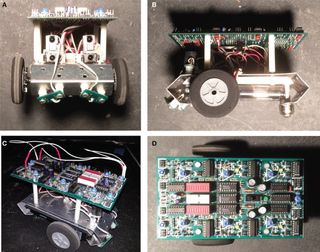 Ana BBot, a mobile robot that is programmable using jumper wires to connect sensors and motors.