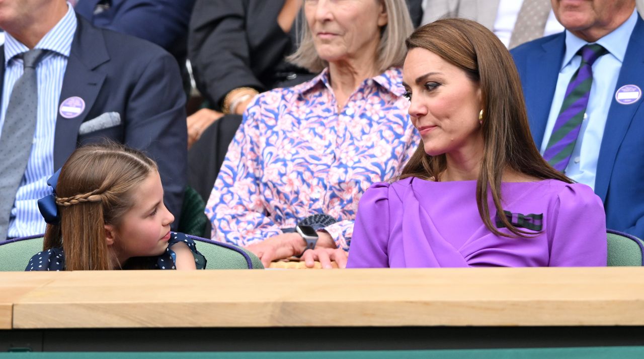 Princess Charlotte of Wales and Catherine Princess of Wales court-side of Centre Court during the men&#039;s final on day fourteen of the Wimbledon Tennis Championships at the All England Lawn Tennis and Croquet Club on July 14, 2024 in London, England. 