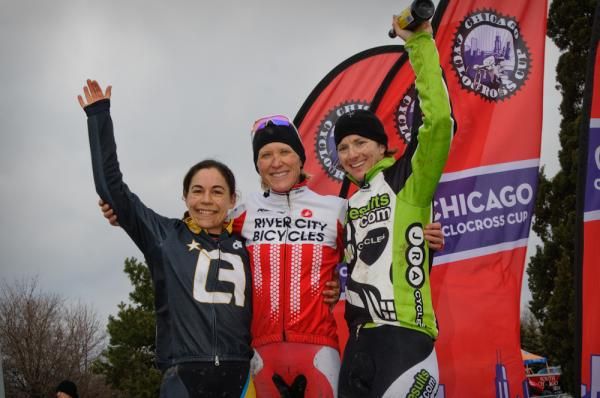 Elite Women's podium (l-r): Crystal Anthony (LaidesFirst Racing), Sue Butler (River City Bicycles). Sally Annis (crossresults.com p/b JRA Cycles)