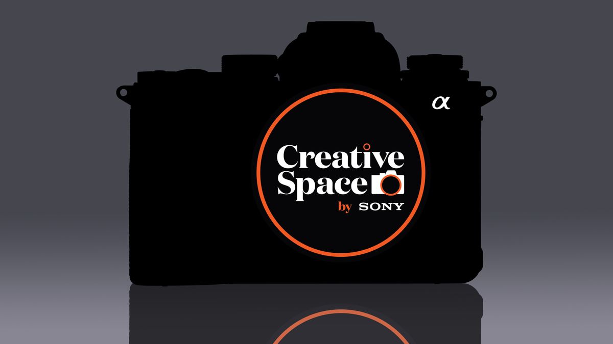 Silhouette of a Sony Alpha camera, against a dark grey background, with the Sony Creative Space logo