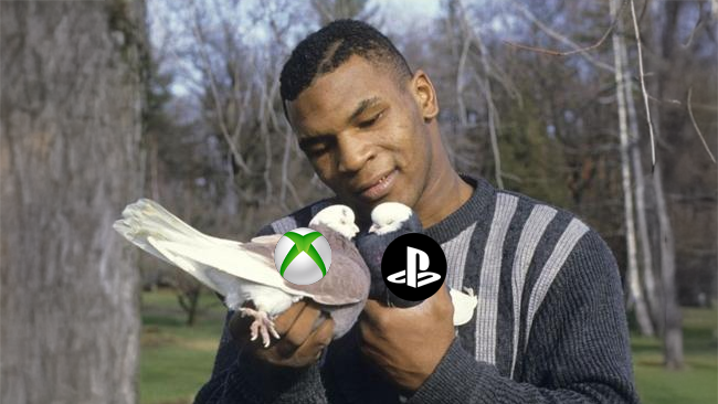 Mike Tyson with two doves, one with an Xbox logo and one with PlayStation
