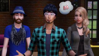 The Sims 4 cheats - Three sims look at the camera while one considers boxers