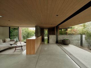 A minimalist open plan living space with wood cladding on the ceiling