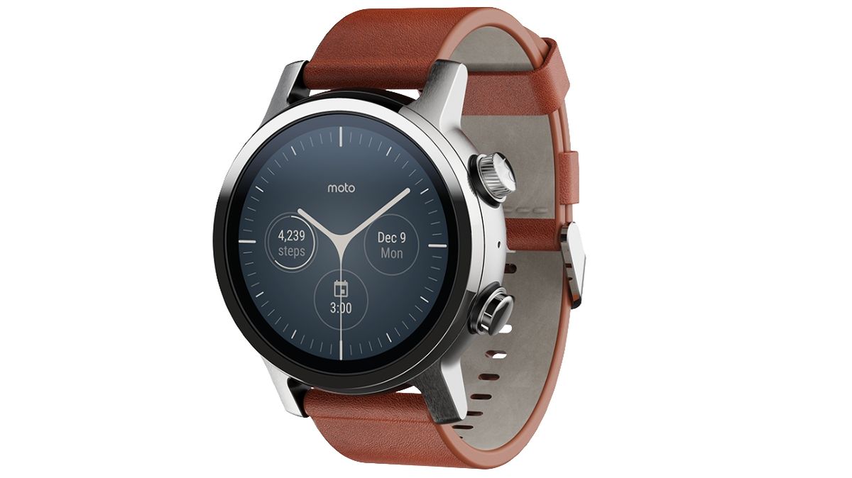 The Moto 360 in Steel Grey with a brown leather strap
