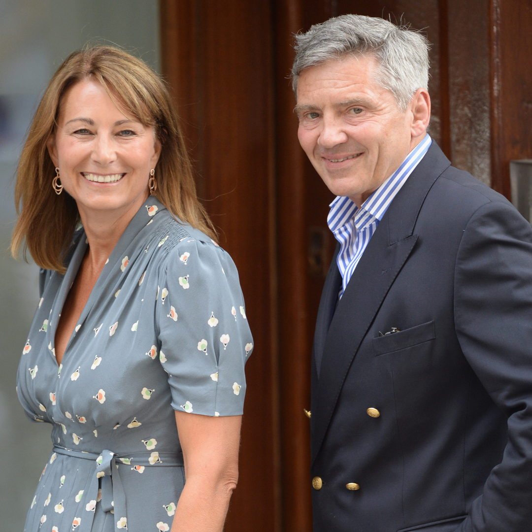 Princess Kate wears a bright red coat and has long wavy brown hair, while her parents Carole Middleton and Michael Middleton arrive at The Lindo Wing at St Mary's Hospital