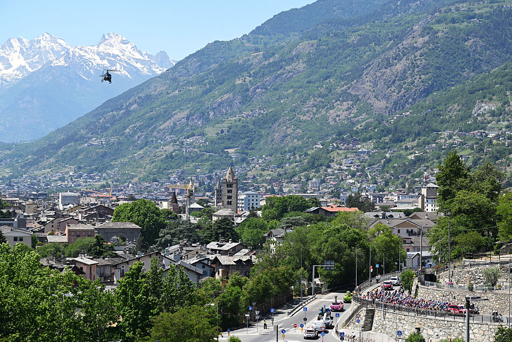 AOSTA, ITALY - MAY 23: A general view of the peloton prior to the 109th Giro d&amp;amp;apos;Italia 2026, Stage 14 a 133km stage from Aosta to Pila -Gressan 1789m / #UCIWT / on May 23, 2026 in Aosta, Italy. (Photo by Tim de Waele/Getty Images)
