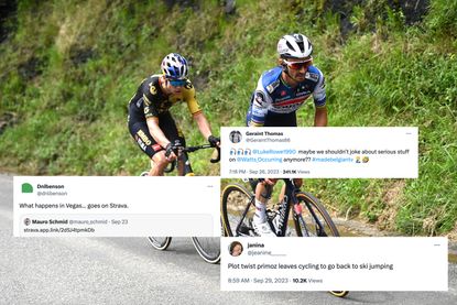 Wout van Aert and Julian Alaphilippe at the 2023 Tour de France, with tweets overlaid