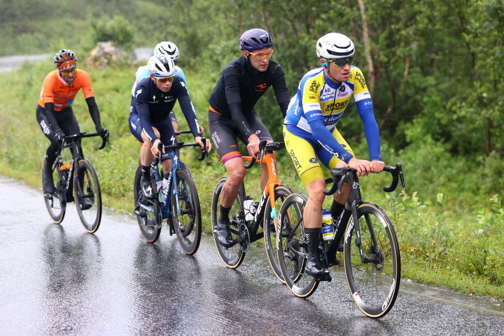 MO I RANA NORWAY AUGUST 11 Luis ngel Mat Mardones of Spain and Team Euskaltel Euskadi Erik Lunder of Norway and Team Coop Sam Culverwell of United Kingdom and Team Trinity Racing Stephen Bassett of United States and Team Human Powered Health and Aaron Van Poucke of Belgium and Team Sport Vlaanderen Baloise compete in the breakaway during the 9th Arctic Race Of Norway 2022 Stage 1 a 1868km stage from Mo i Rana to Mo i Rana ArcticRace on August 11 2022 in Mo i Rana Norway Photo by Michael SteeleGetty Images