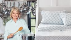 A split panel image of Martha Stewart and her bed sheets sheets