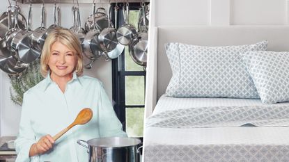 A split panel image of Martha Stewart and her bed sheets sheets