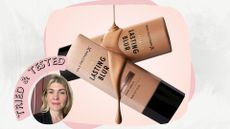 two bottles of max factor lasting blur foundation pictured with drops and swatches of the foundation