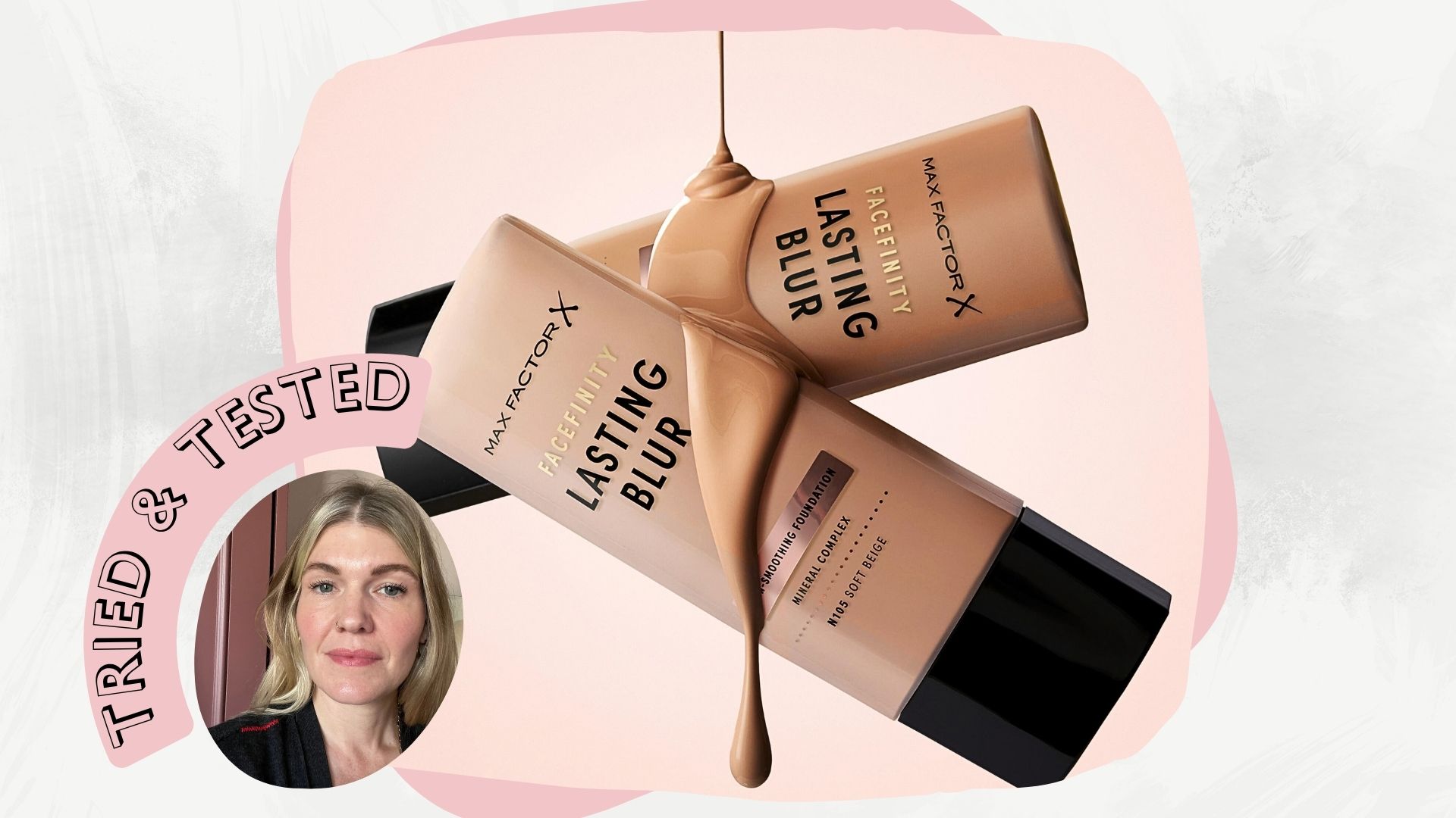 two bottles of max factor lasting blur foundation pictured with drops and swatches of the foundation