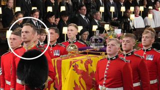 Sergeant Dean Jones highlighted with a circle in a picture of the pallbearers at the Queens funeral