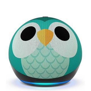 A product render of the owl pattern Echo Dot (5th Gen) Kids speaker
